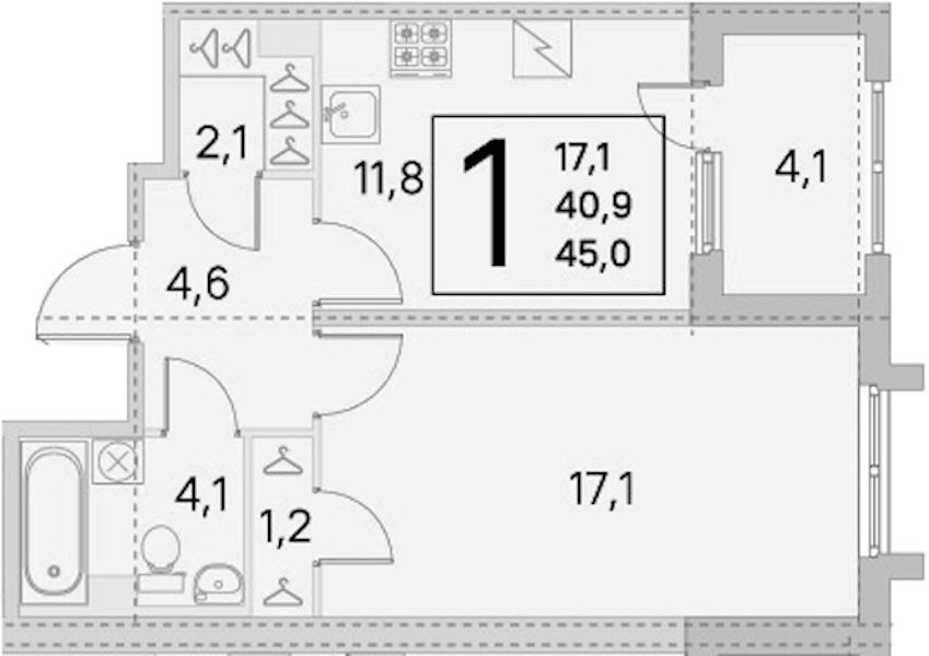 1-комнатная квартира 40.9 м², 1/5 эт., ЖК «ЮгТаун. Олимпийские кварталы»